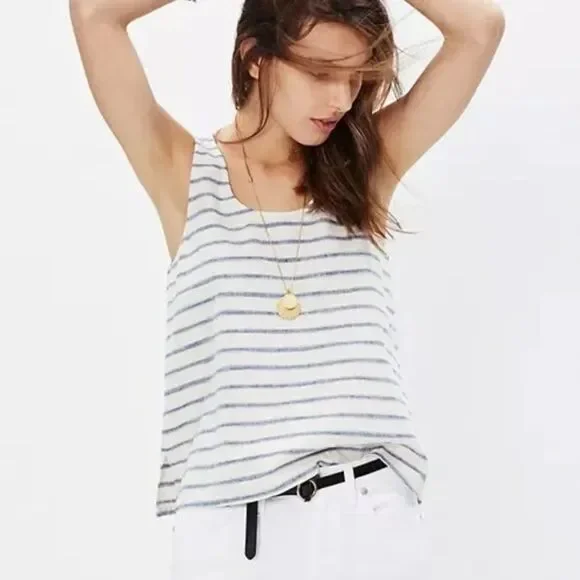 Madewell Sundown Tank Top Ikat Stripe Blue White Crop Linen Cotton Sz XXS - Picture 2 of 8